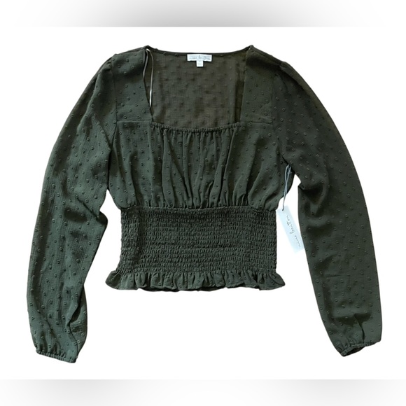nine britton Tops - Nine Britton Dark Green Longsleeve Crop Top Blouse